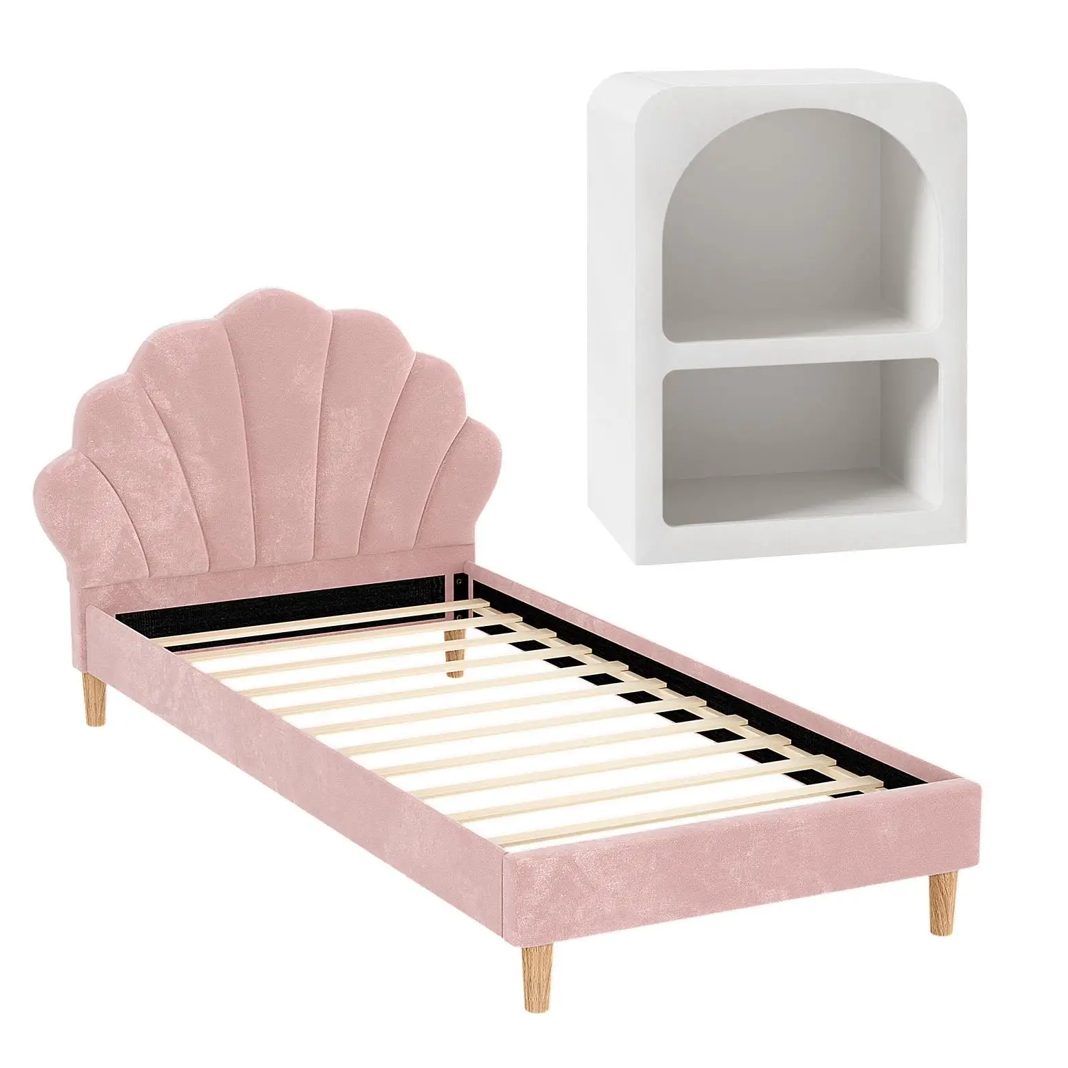 King Single Bed Frame with Bedside Table Set Scallop Headboard Pink Velvet Fabric Bed Base