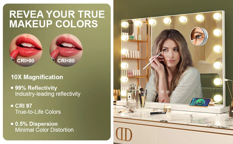 Teousev Hollywood Makeup Mirror Large Vanity Light Mirror with Dimmable 17 LED Bulb USB Charing Port Vanity Makeup Mirror