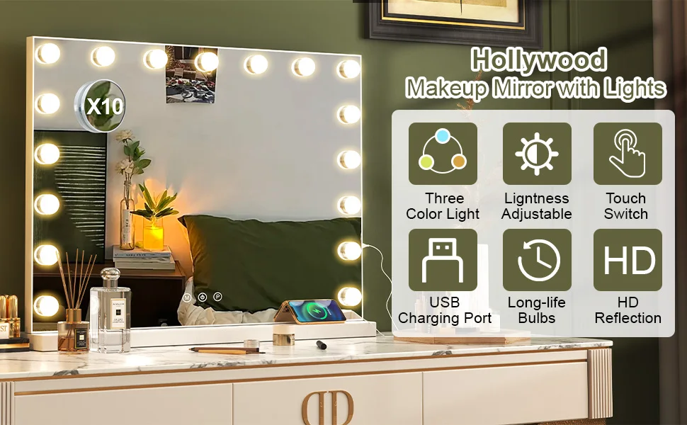 Teousev Hollywood Makeup Mirror Large Vanity Light Mirror with Dimmable 17 LED Bulb USB Charing Port Vanity Makeup Mirror