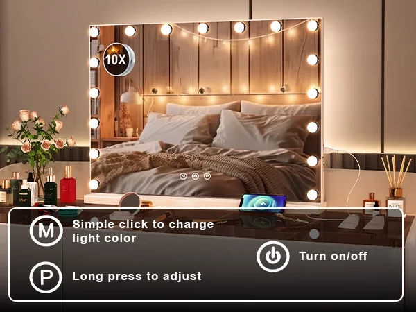 Teousev Hollywood Makeup Mirror Large Vanity Light Mirror with Dimmable 17 LED Bulb USB Charing Port Vanity Makeup Mirror