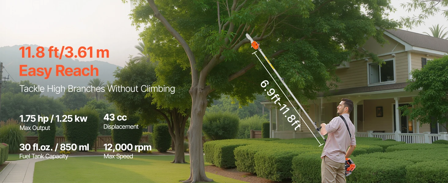 SucceBuy Gas Pole Saw 2Stroke Gas Powered Pole Saws w/Cutting Bar Cordless w/Rotatable Head Extendable for Tree Trimming Pruning