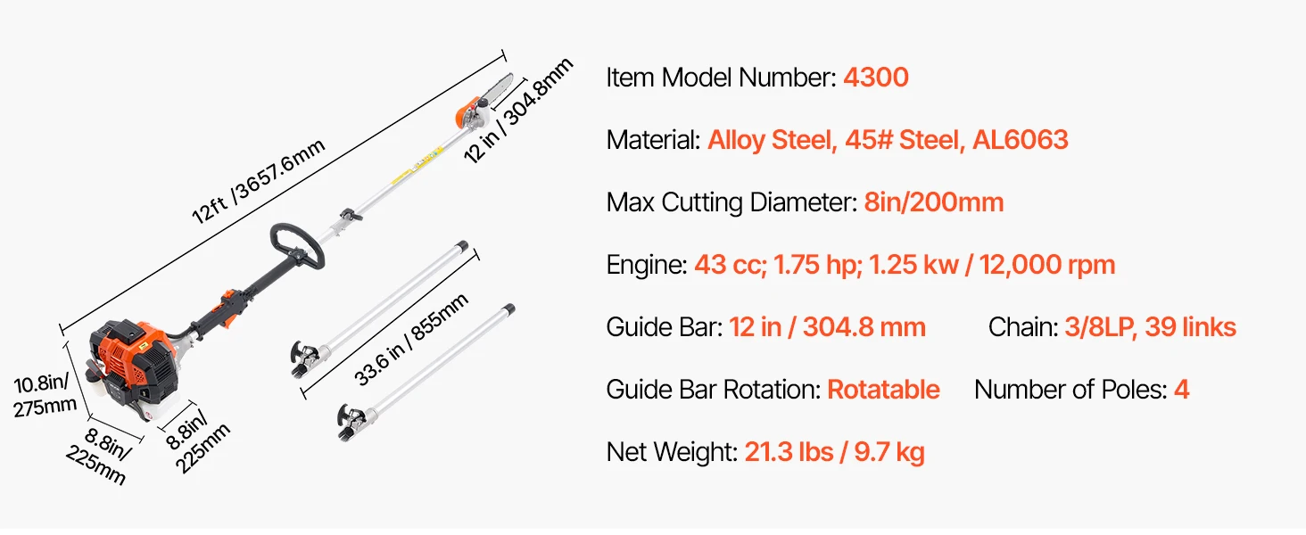 SucceBuy Gas Pole Saw 2Stroke Gas Powered Pole Saws w/Cutting Bar Cordless w/Rotatable Head Extendable for Tree Trimming Pruning