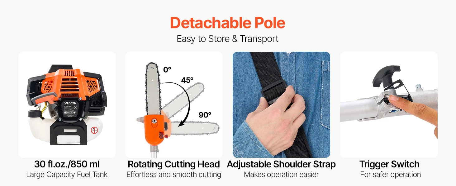 SucceBuy Gas Pole Saw 2Stroke Gas Powered Pole Saws w/Cutting Bar Cordless w/Rotatable Head Extendable for Tree Trimming Pruning