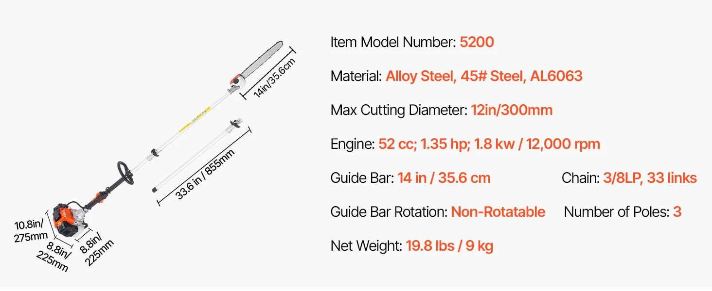 SucceBuy Gas Pole Saw 2Stroke Gas Powered Pole Saws w/Cutting Bar Cordless w/Rotatable Head Extendable for Tree Trimming Pruning