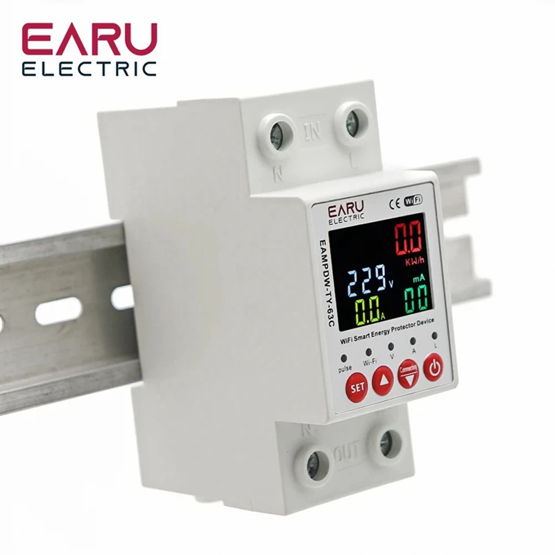 2P 63A TUYA APP Wifi Smart Circuit Earth Leakage Over Under Voltage Protector Relay Device Switch Breaker Durable Easy Install