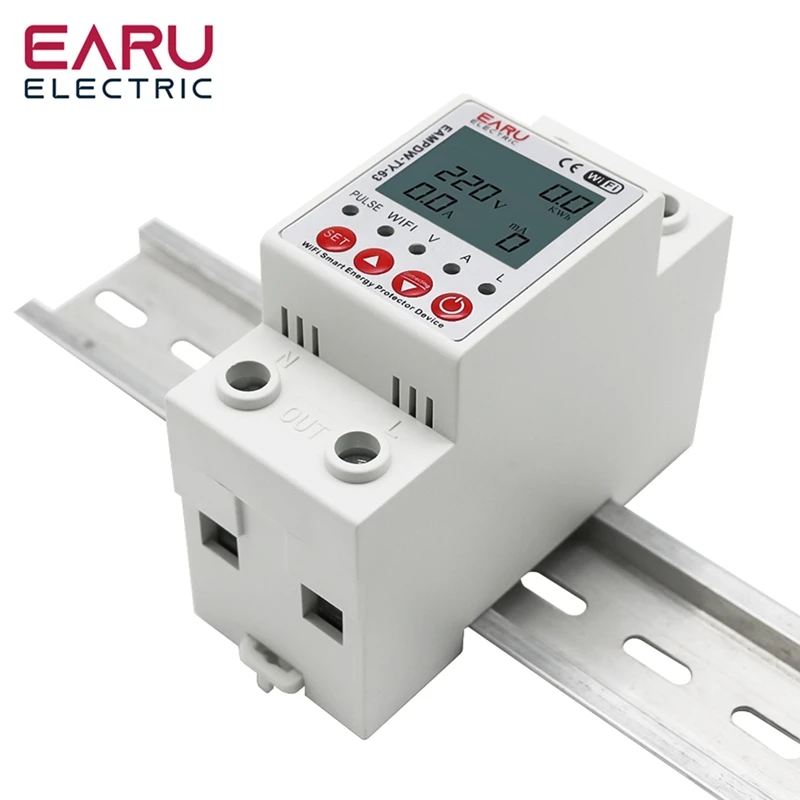 2P 63A TUYA APP Wifi Smart Circuit Earth Leakage Over Under Voltage Protector Relay Device Switch Breaker Durable Easy Install