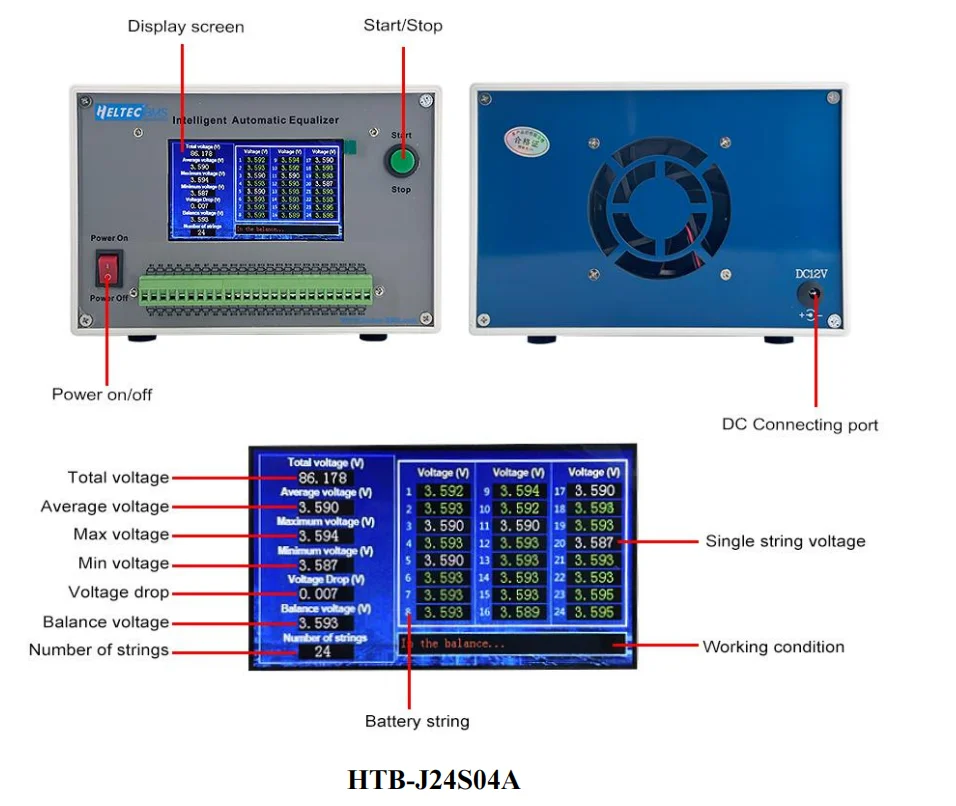 2-24S Smart Battery Equalizer HTB-J24S04A HTB-J24S07A 3A/4A/7A Discharge Balancer for NCM LFP LTO Battery Pack 2V-4.5V Cell Voltage Automatic Equalization Instrument 12V Power Supply Battery Cell Balancer Voltage Tester Repair Tool