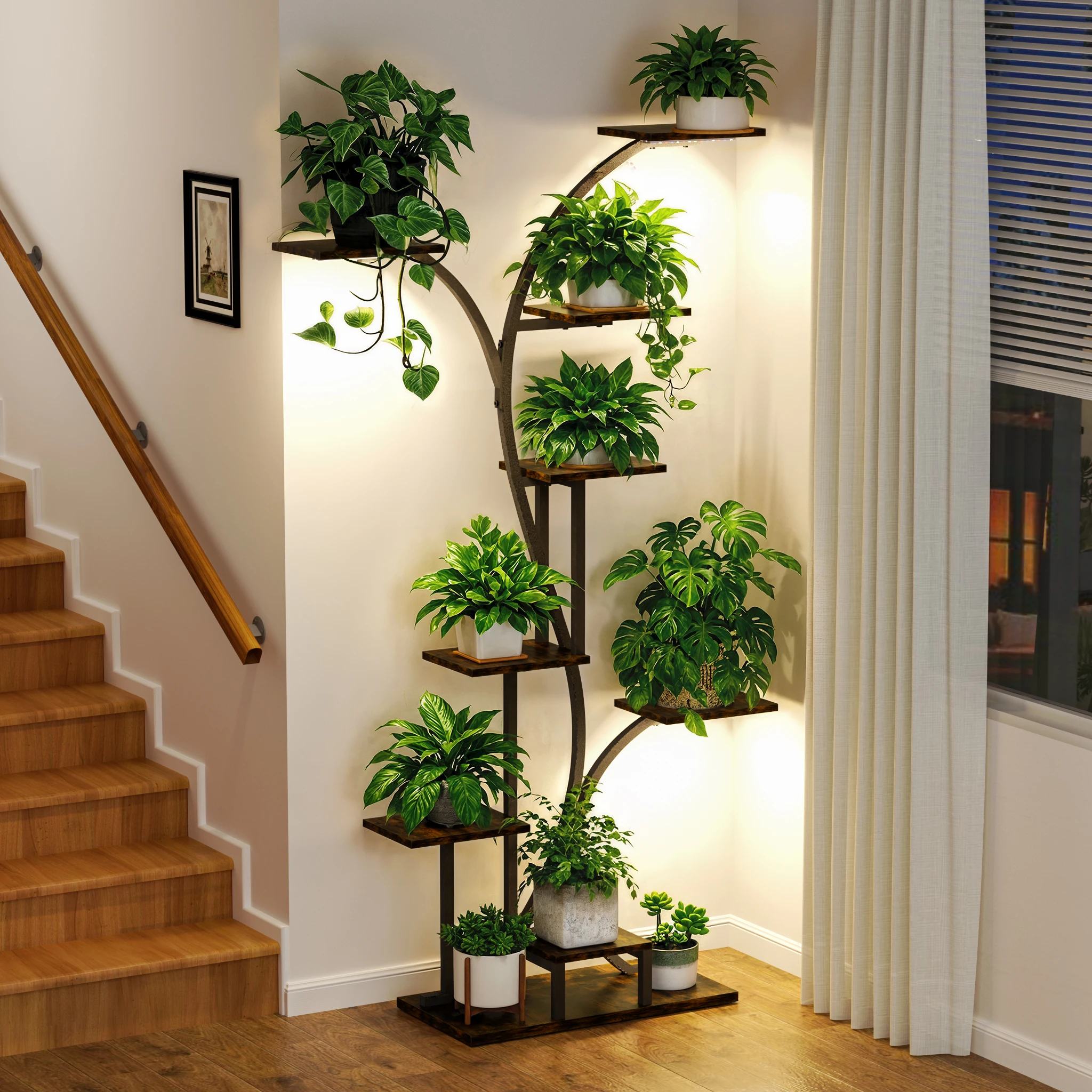 Tall Corner Plant Stand with Grow Lights Industrial Multiple Shelves Display Organizer Flowers Rack
