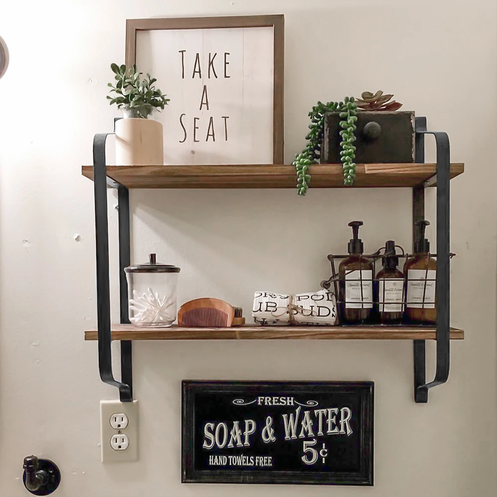 2 Tiers Rustic Wooden Floating Shelves Wall Mounted Display Rack Organizer for Living Room Bedroom Kitchen