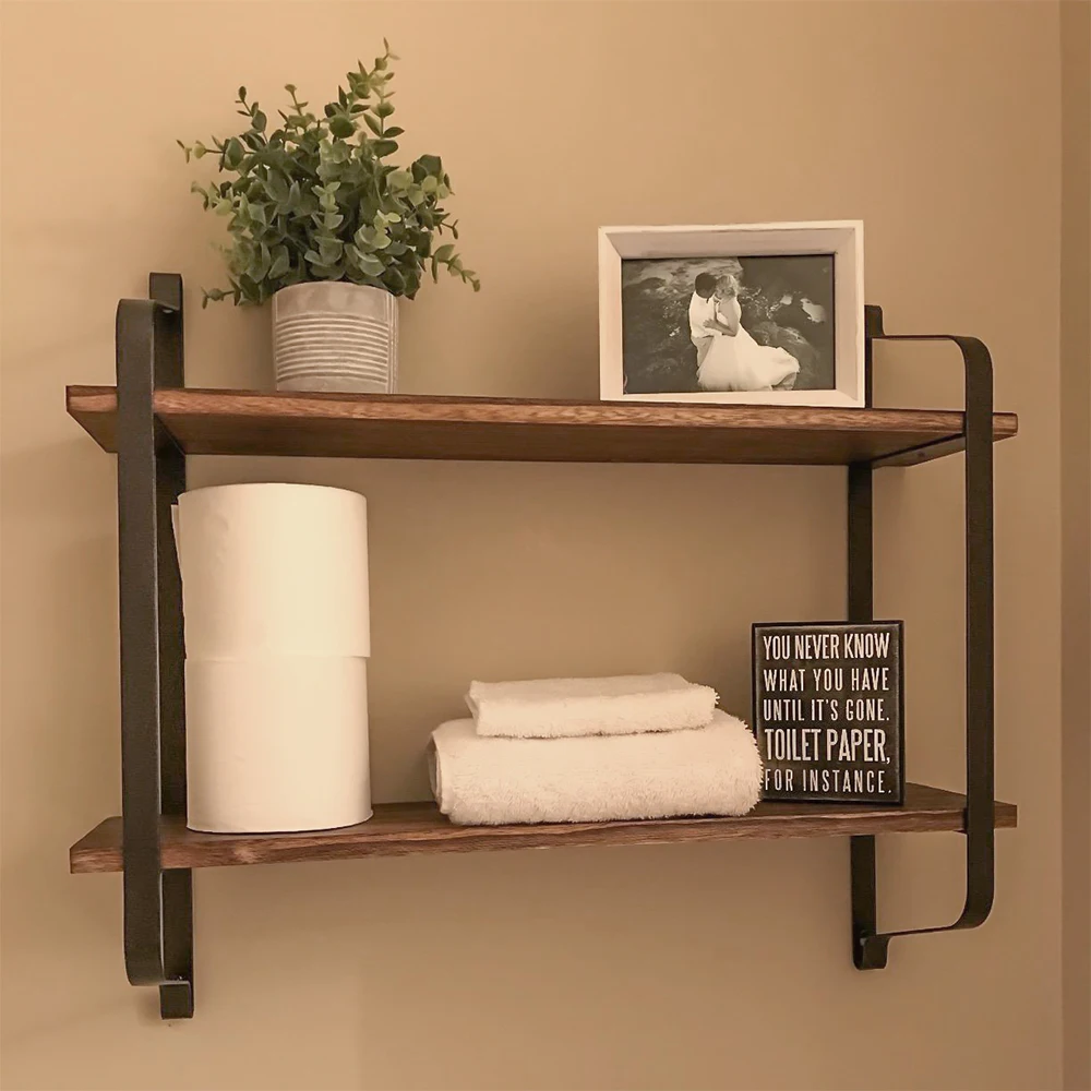 2 Tiers Rustic Wooden Floating Shelves Wall Mounted Display Rack Organizer for Living Room Bedroom Kitchen