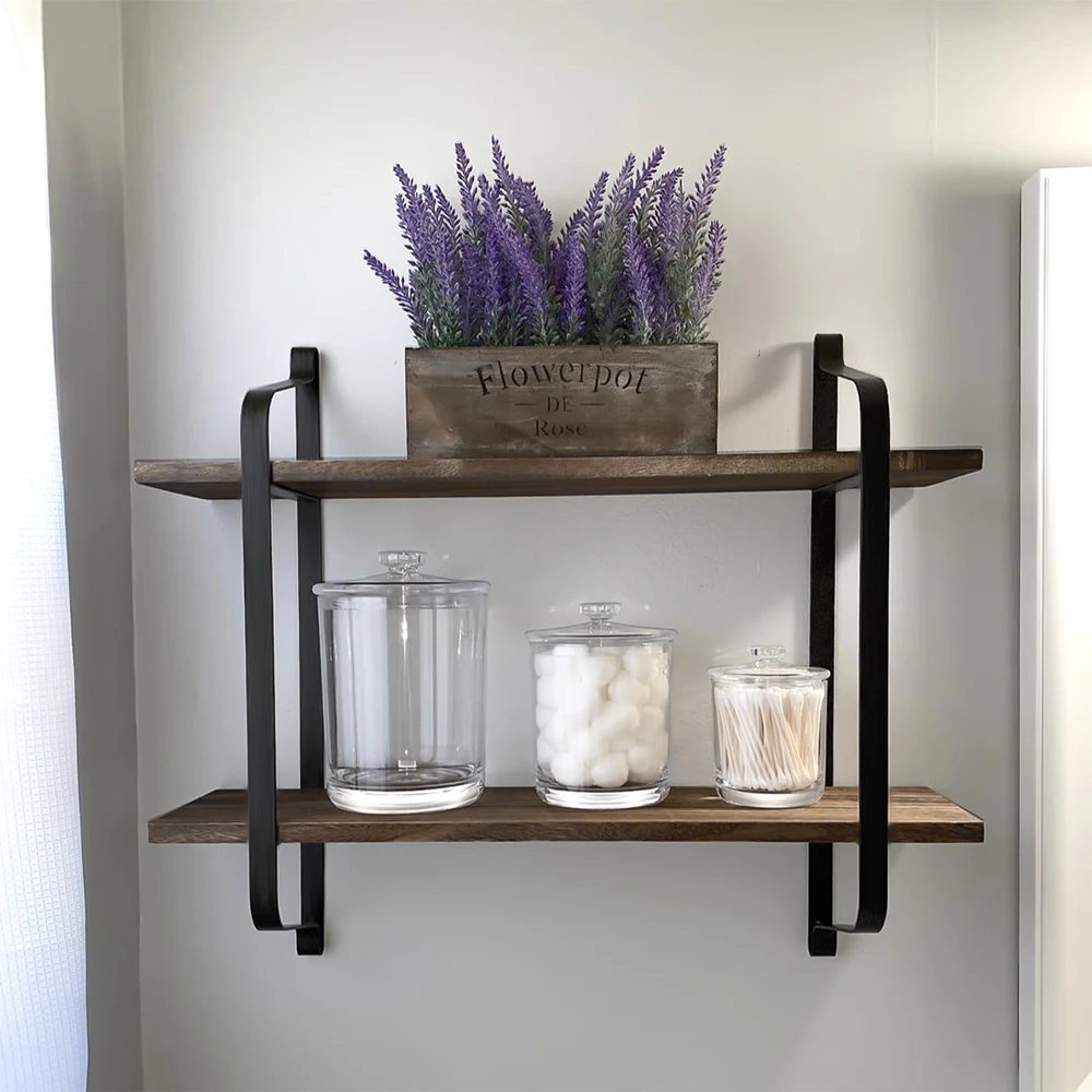 2 Tiers Rustic Wooden Floating Shelves Wall Mounted Display Rack Organizer for Living Room Bedroom Kitchen