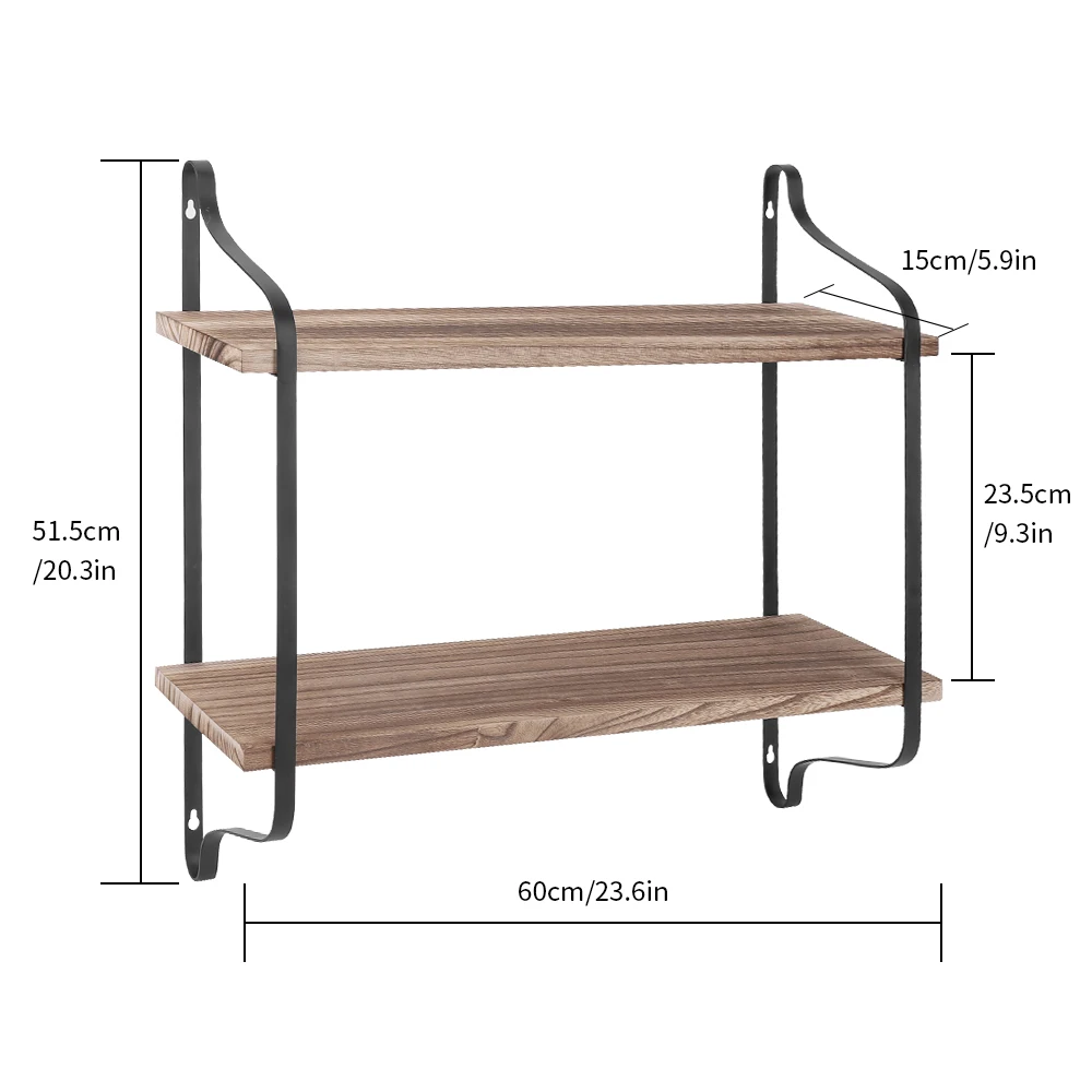 2 Tiers Rustic Wooden Floating Shelves Wall Mounted Display Rack Organizer for Living Room Bedroom Kitchen