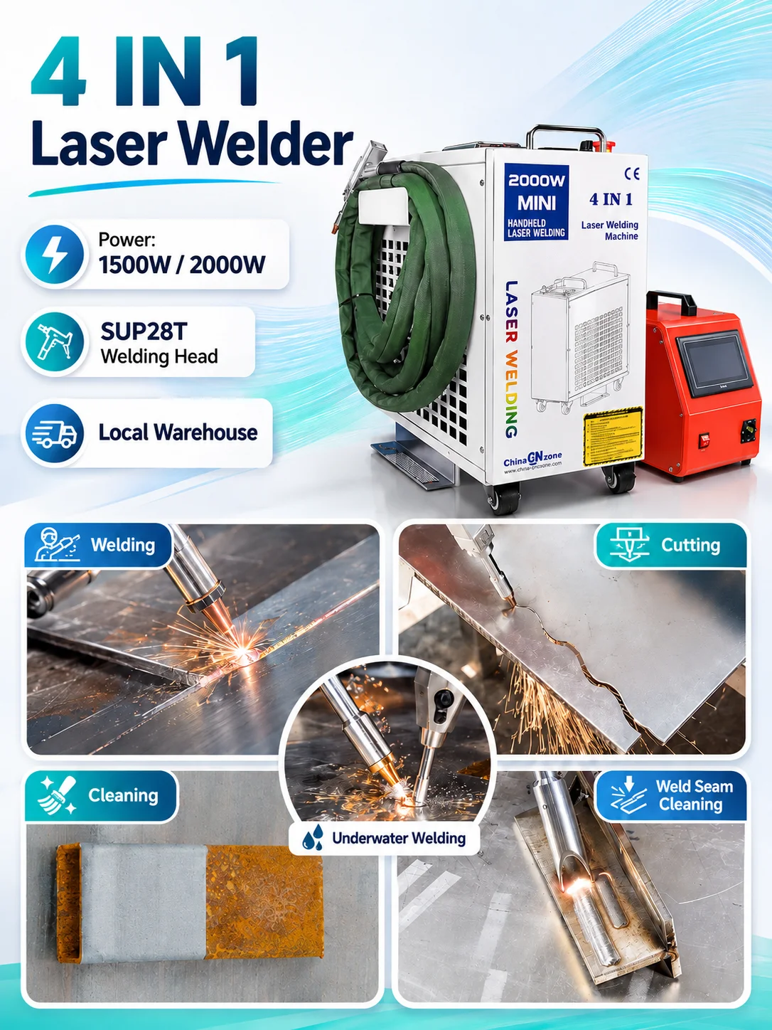 BWT 2000W 4 In 1 Laser Welding Machine 1500W Laser Welder with Welding Cleaning Cutting Weld Seam Cleaning for Metal SUP28T Welding Head With Auto Wire Feeder