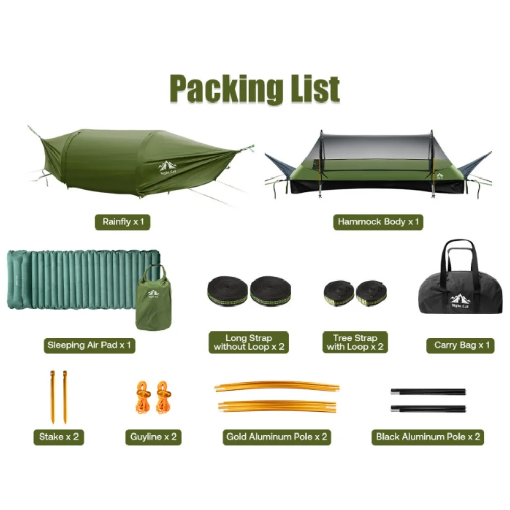 Night Cat Flat Lay Hammock Tent with Sleeping Air Pad Mosquito Net and Waterproof Rainfly for 1 Person Backpacking Hiking Camping Lightweight 330LBS 87x28x19in