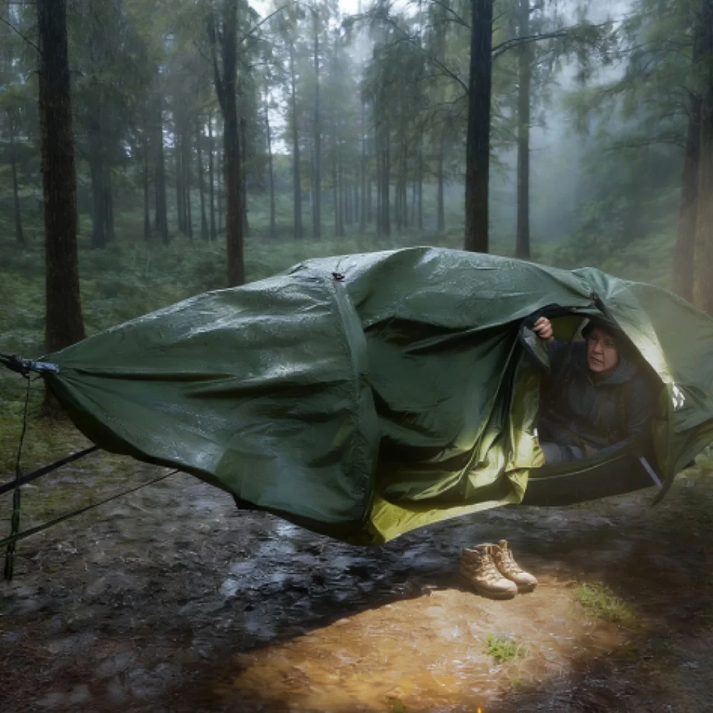 Night Cat Flat Lay Hammock Tent with Sleeping Air Pad Mosquito Net and Waterproof Rainfly for 1 Person Backpacking Hiking Camping Lightweight 330LBS 87x28x19in