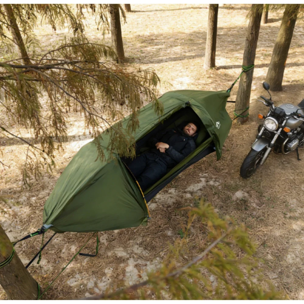 Night Cat Flat Lay Hammock Tent with Sleeping Air Pad Mosquito Net and Waterproof Rainfly for 1 Person Backpacking Hiking Camping Lightweight 330LBS 87x28x19in