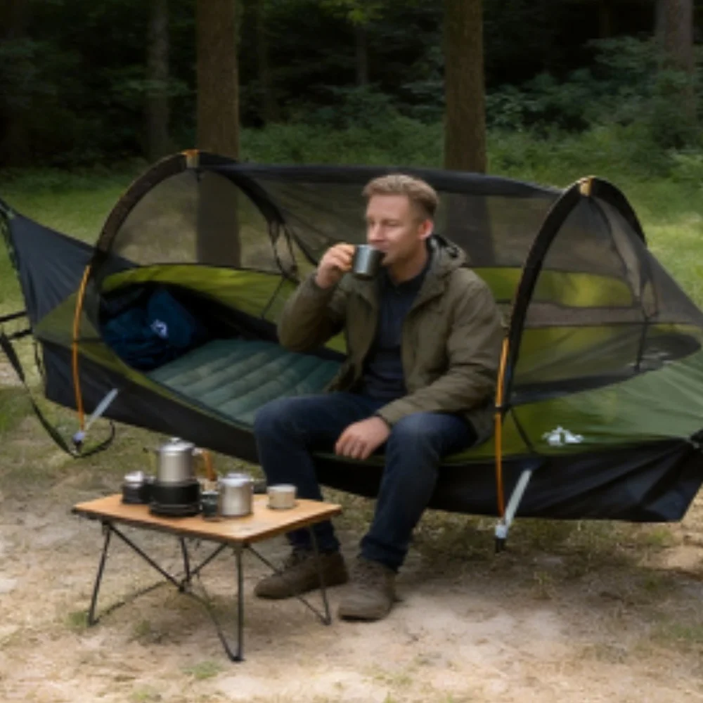 Night Cat Flat Lay Hammock Tent with Sleeping Air Pad Mosquito Net and Waterproof Rainfly for 1 Person Backpacking Hiking Camping Lightweight 330LBS 87x28x19in