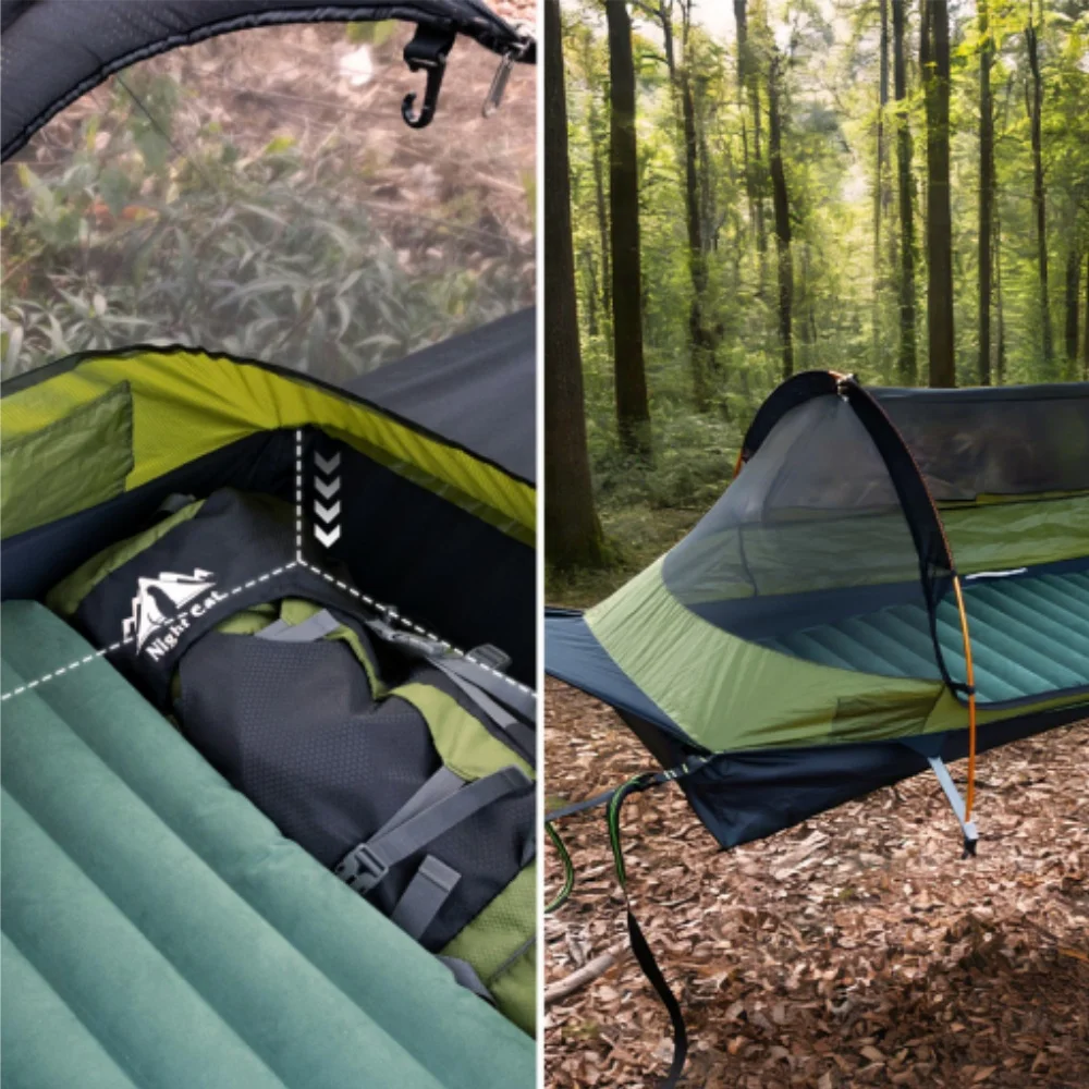 Night Cat Flat Lay Hammock Tent with Sleeping Air Pad Mosquito Net and Waterproof Rainfly for 1 Person Backpacking Hiking Camping Lightweight 330LBS 87x28x19in