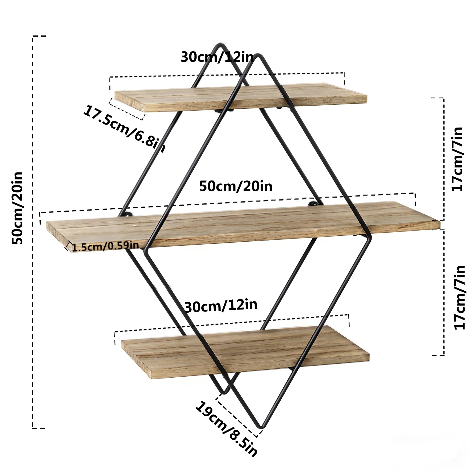 3 Tier Rustic Wood Wall Mounted Floating Shelves Geometric Decorative Storage Display Rack