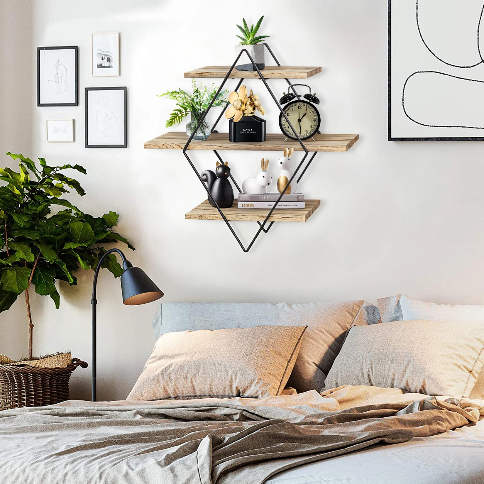 3 Tier Rustic Wood Wall Mounted Floating Shelves Geometric Decorative Storage Display Rack