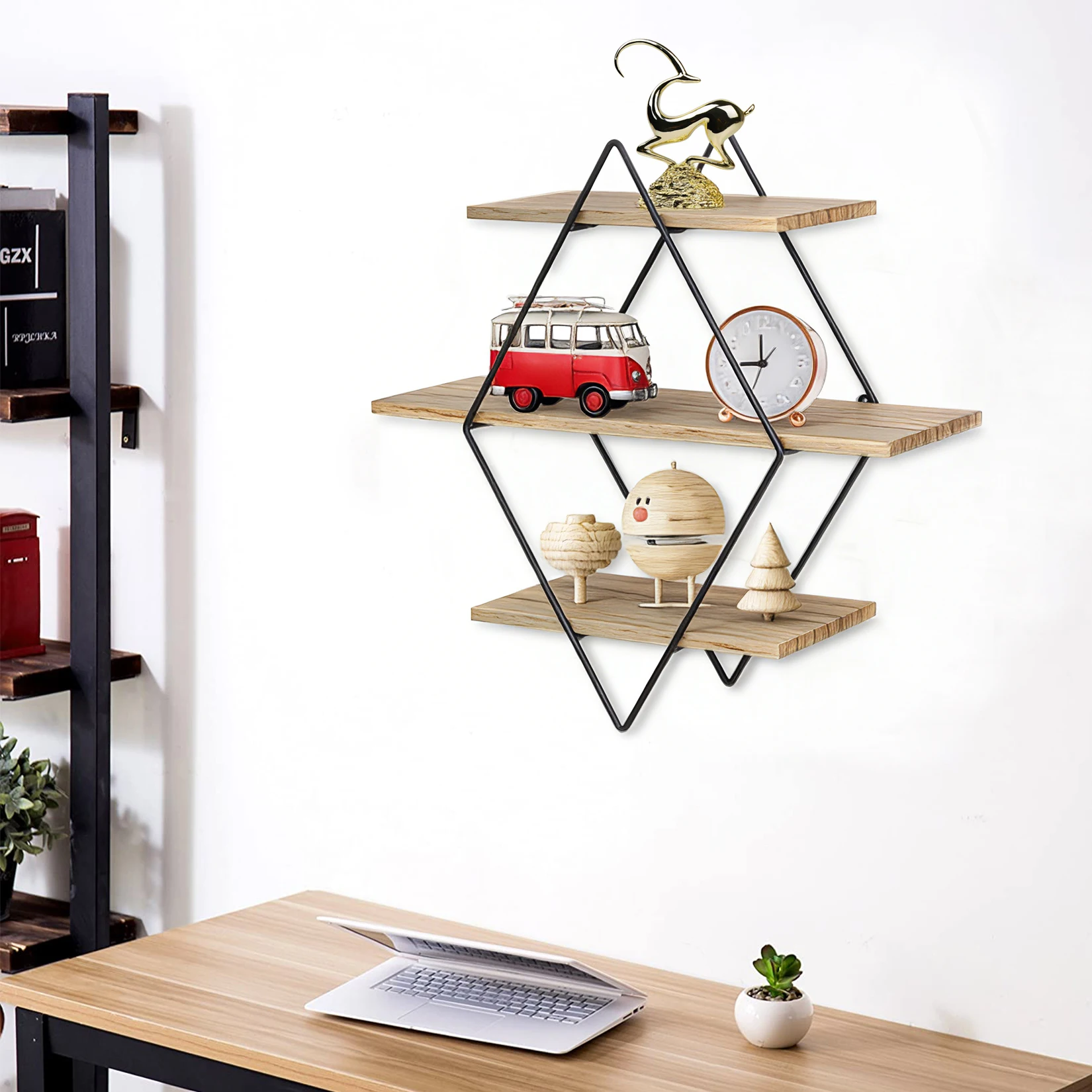 3 Tier Rustic Wood Wall Mounted Floating Shelves Geometric Decorative Storage Display Rack