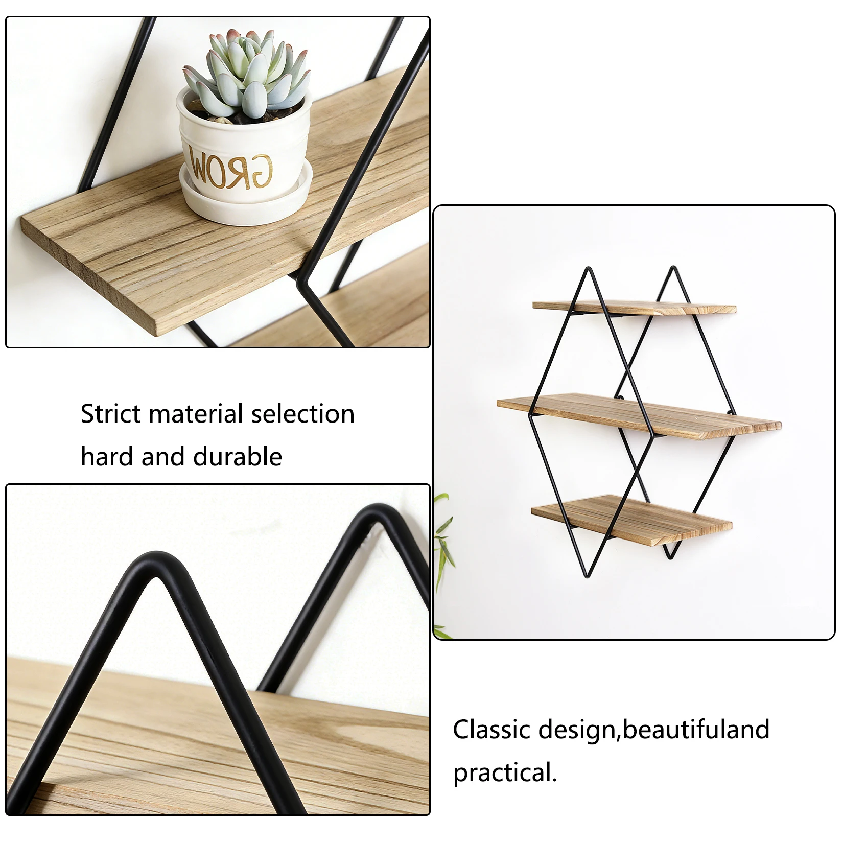 3 Tier Rustic Wood Wall Mounted Floating Shelves Geometric Decorative Storage Display Rack