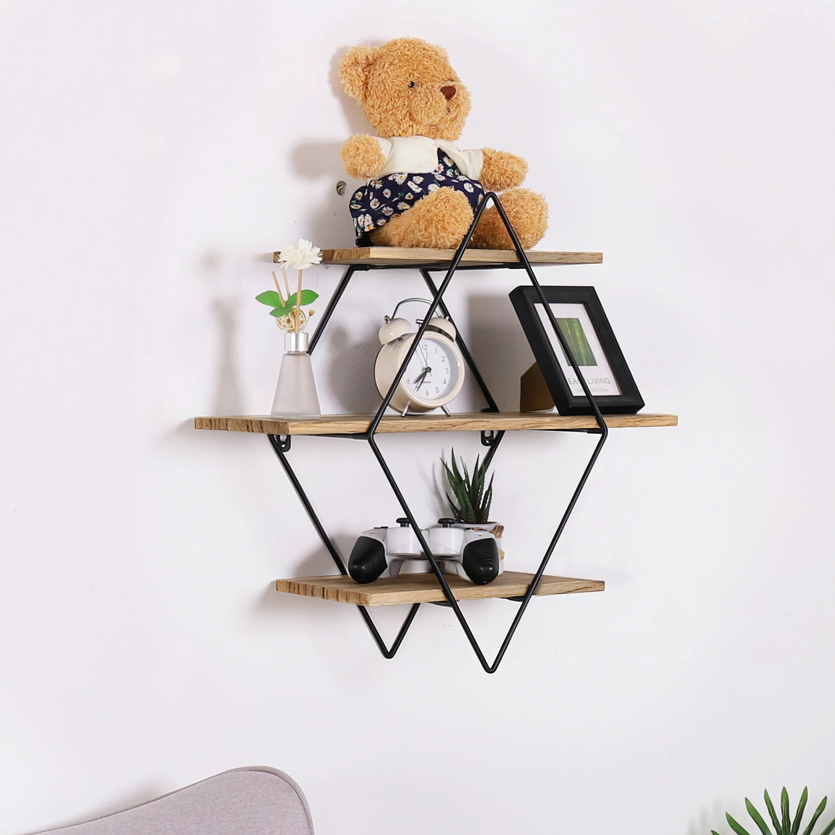 3 Tier Rustic Wood Wall Mounted Floating Shelves Geometric Decorative Storage Display Rack