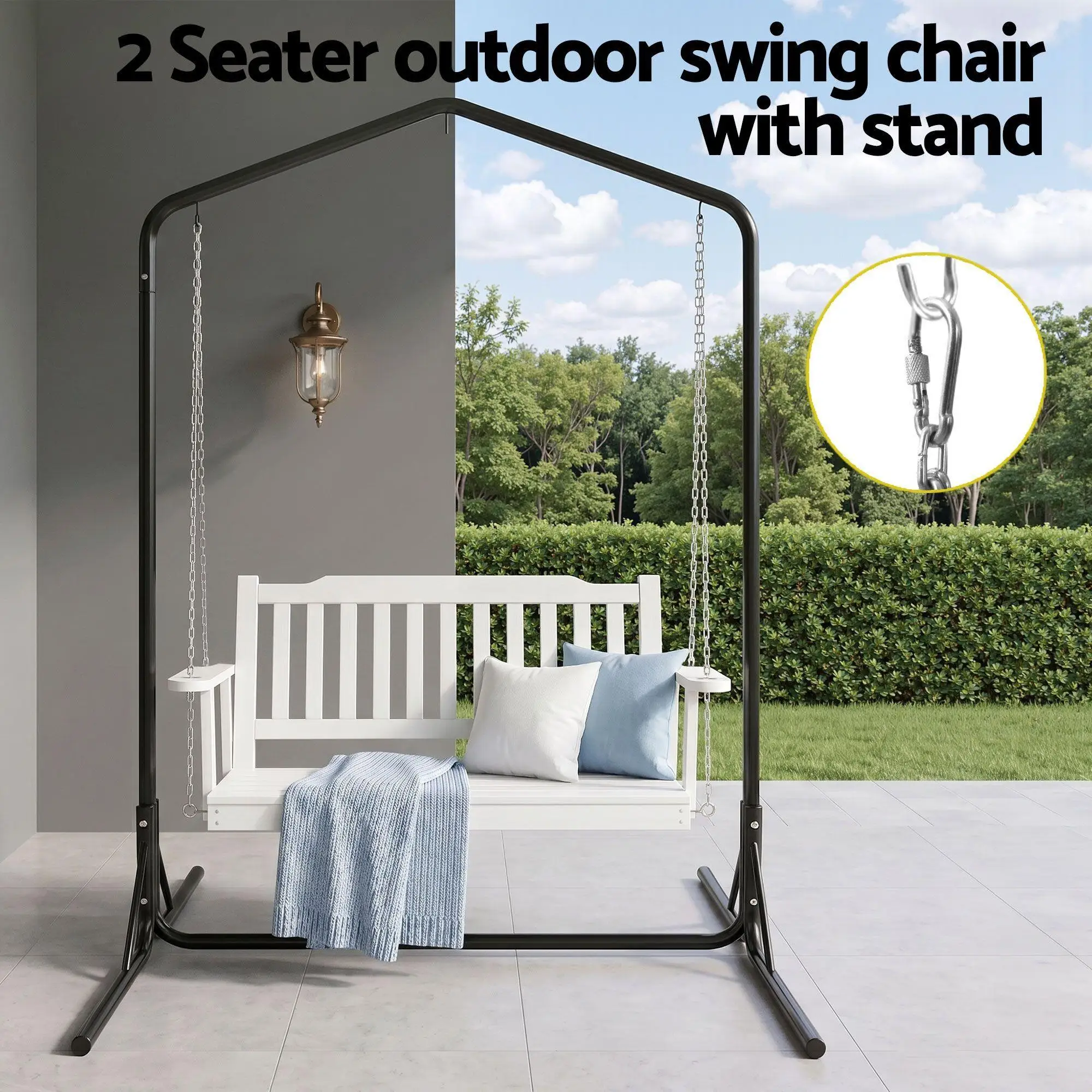 Wooden 2 Seater Outdoor Swing Chair with Black Stand White Hanging Seat Garden Patio Hanging Bench
