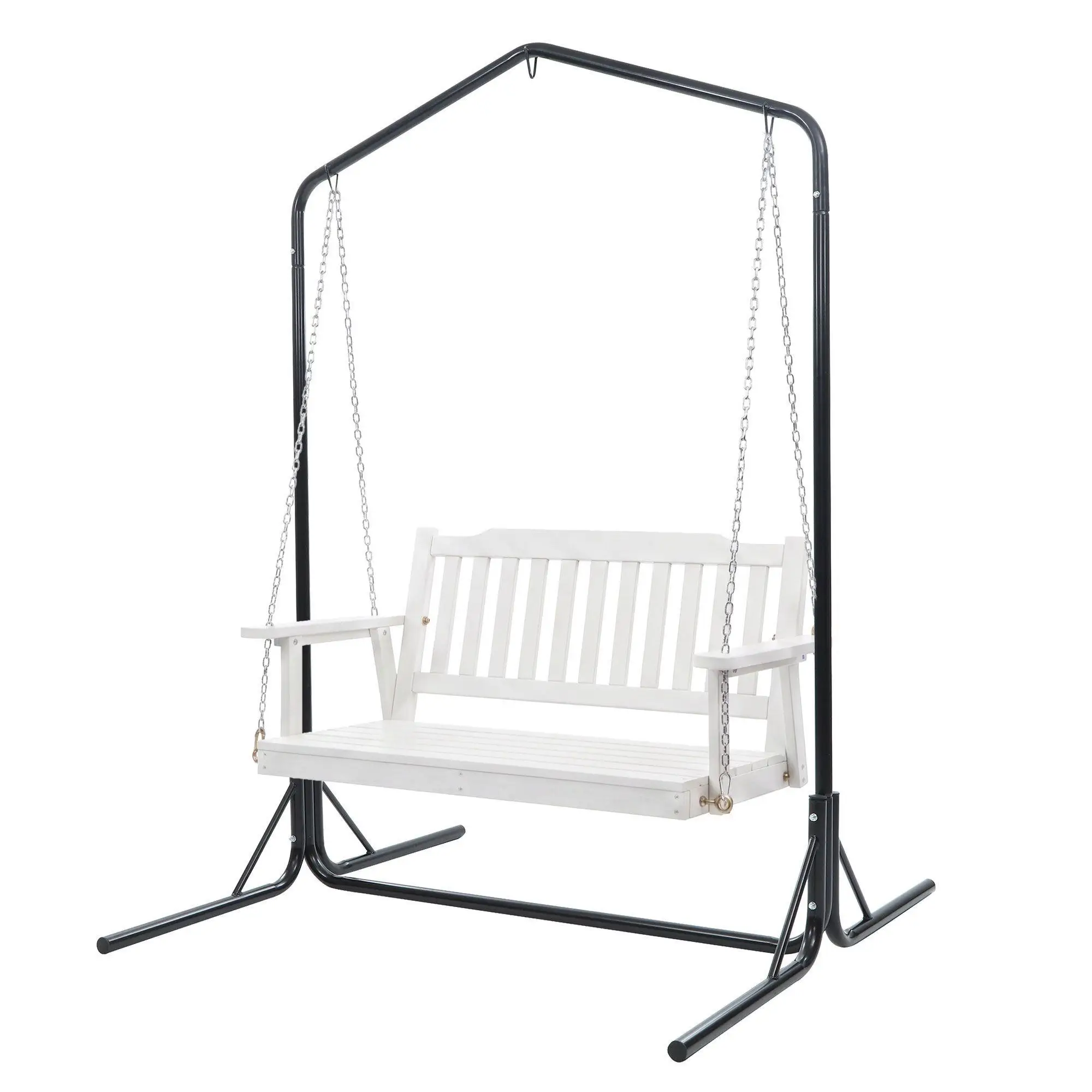 Wooden 2 Seater Outdoor Swing Chair with Black Stand White Hanging Seat Garden Patio Hanging Bench