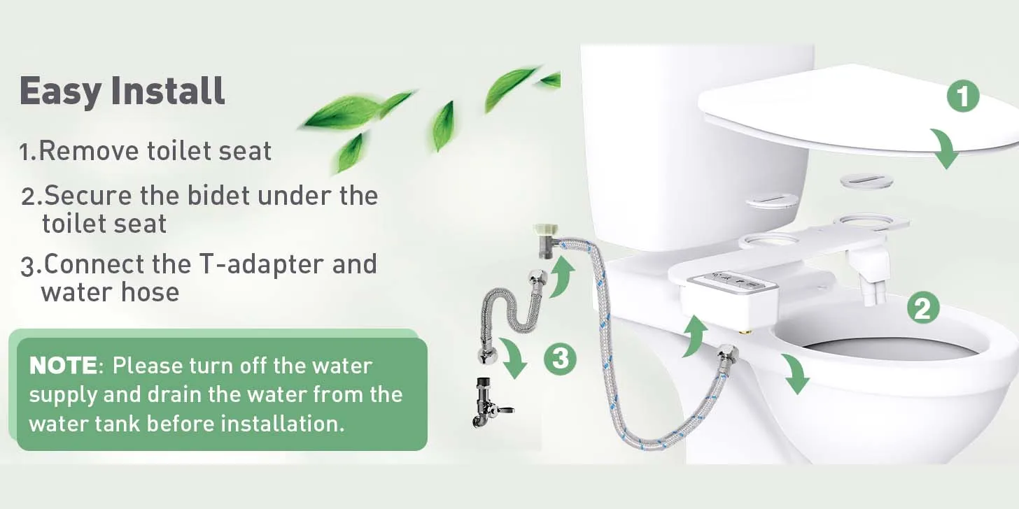 Bidet Attachment for Toilet - Non-Electric Self-Cleaning Dual Nozzles (Feminine & Rear Wash),Adjustable Water Pressure Control