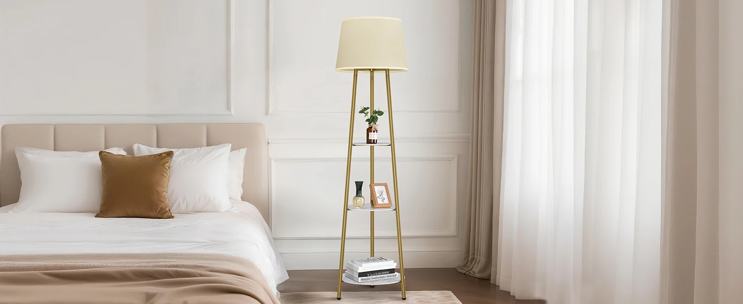 Modern Tripod Floor Lamp Free Standing Light Shade with Shelf Storage for Bedroom Living Room