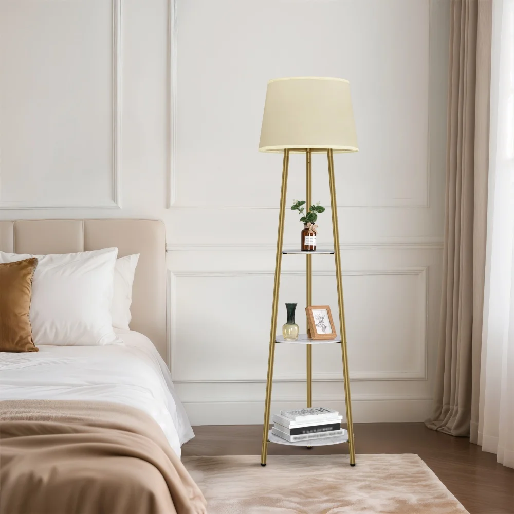 Modern Tripod Floor Lamp Free Standing Light Shade with Shelf Storage for Bedroom Living Room