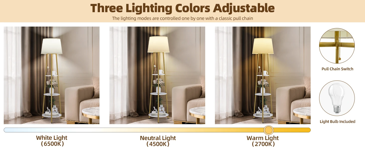 Modern Tripod Floor Lamp Free Standing Light Shade with Shelf Storage for Bedroom Living Room