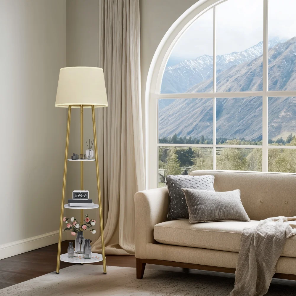 Modern Tripod Floor Lamp Free Standing Light Shade with Shelf Storage for Bedroom Living Room