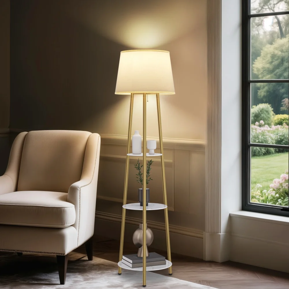 Modern Tripod Floor Lamp Free Standing Light Shade with Shelf Storage for Bedroom Living Room