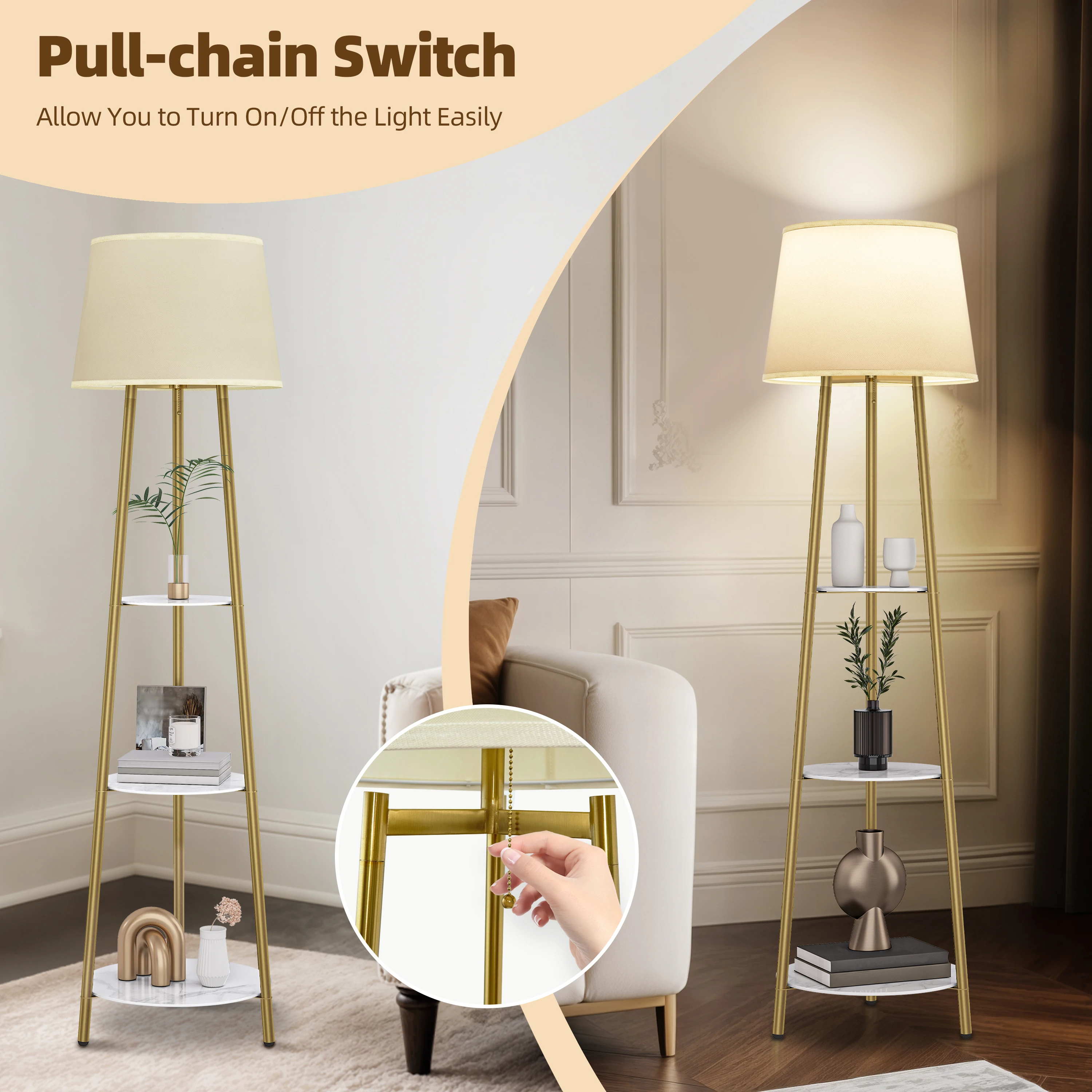 Modern Tripod Floor Lamp Free Standing Light Shade with Shelf Storage for Bedroom Living Room