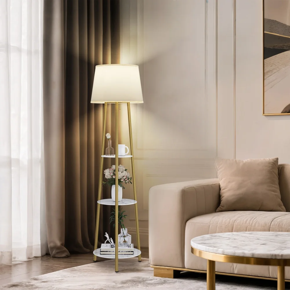 Modern Tripod Floor Lamp Free Standing Light Shade with Shelf Storage for Bedroom Living Room