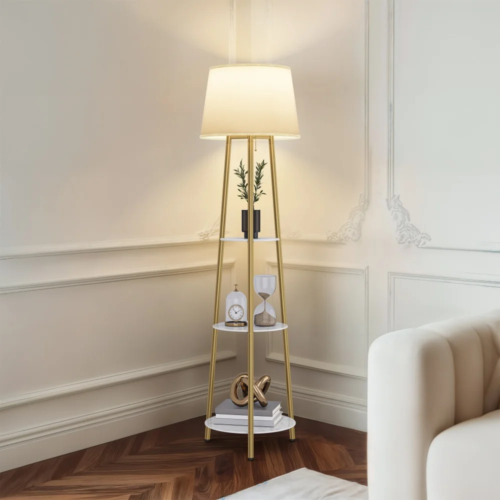 Modern Tripod Floor Lamp Free Standing Light Shade with Shelf Storage for Bedroom Living Room