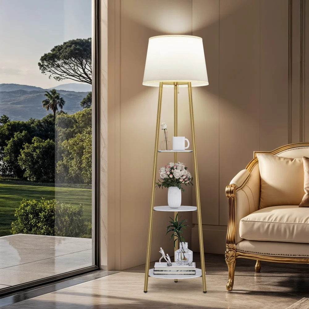 Modern Tripod Floor Lamp Free Standing Light Shade with Shelf Storage for Bedroom Living Room