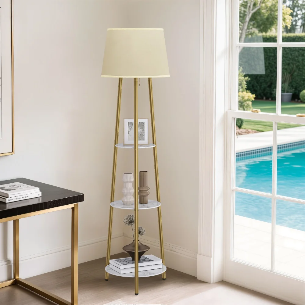 Modern Tripod Floor Lamp Free Standing Light Shade with Shelf Storage for Bedroom Living Room