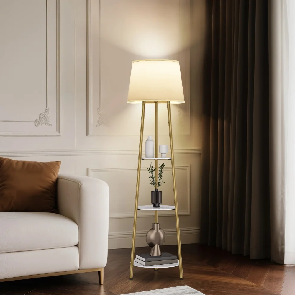 Modern Tripod Floor Lamp Free Standing Light Shade with Shelf Storage for Bedroom Living Room
