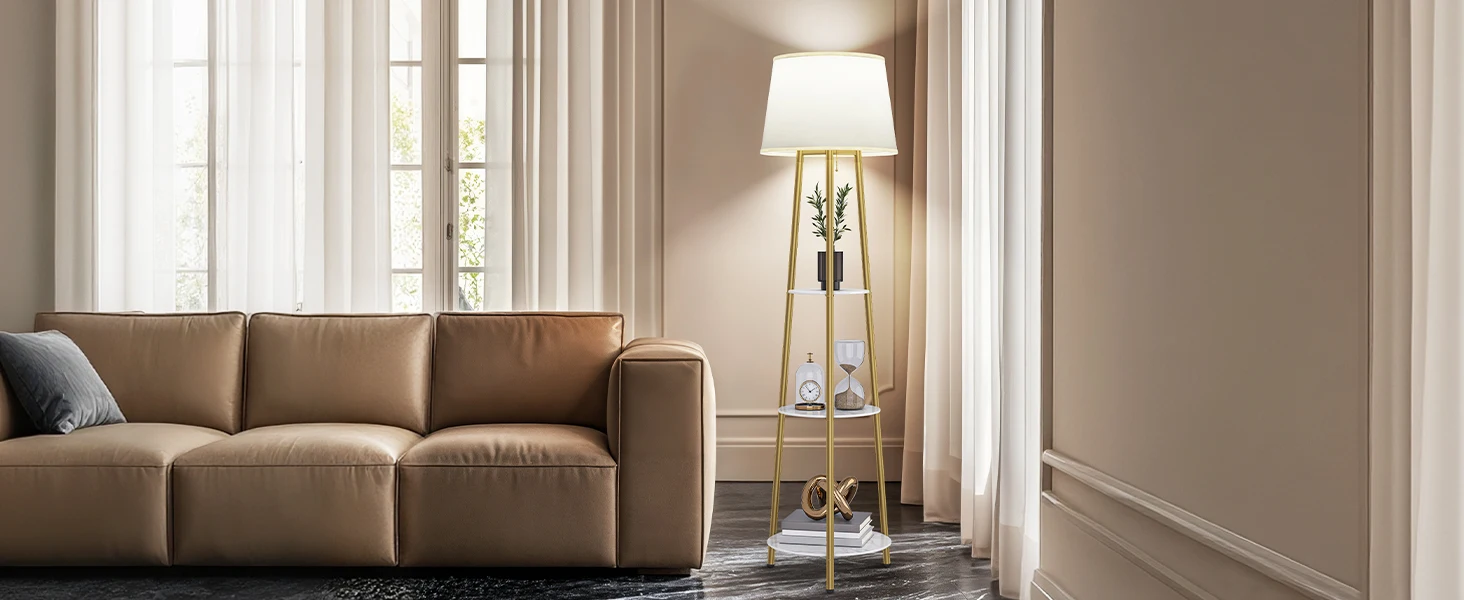 Modern Tripod Floor Lamp Free Standing Light Shade with Shelf Storage for Bedroom Living Room