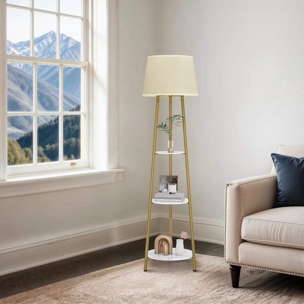 Modern Tripod Floor Lamp Free Standing Light Shade with Shelf Storage for Bedroom Living Room