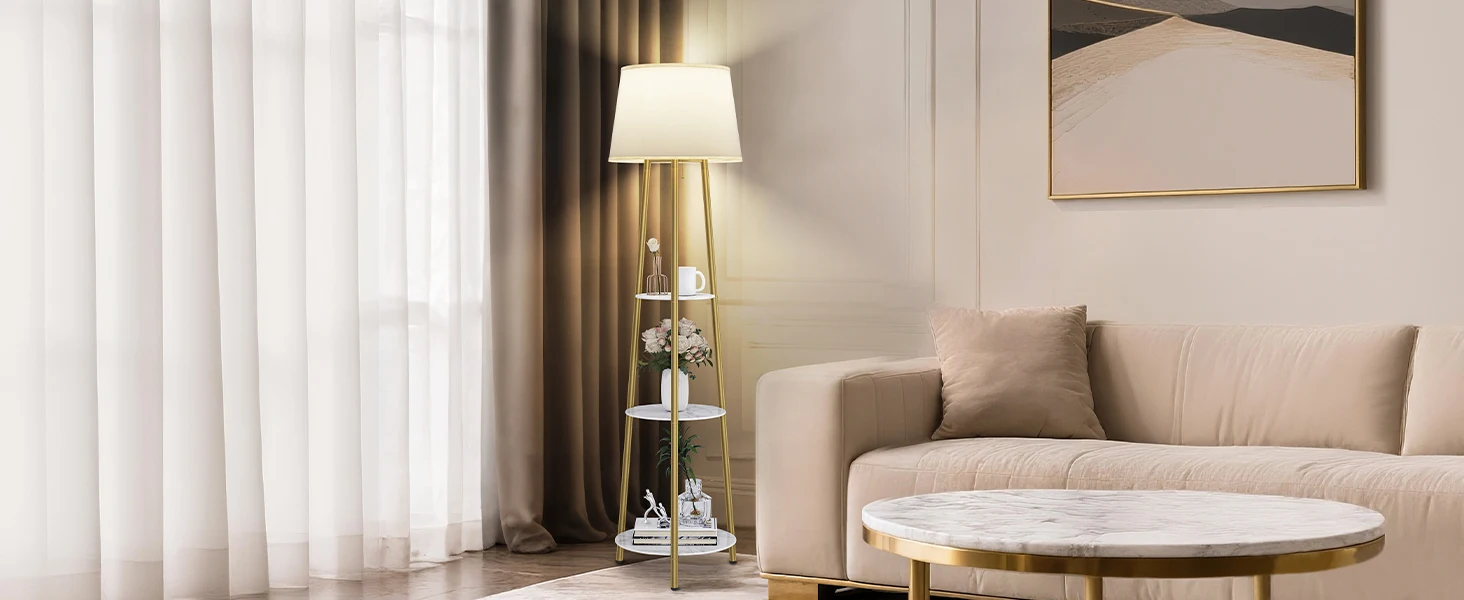 Modern Tripod Floor Lamp Free Standing Light Shade with Shelf Storage for Bedroom Living Room