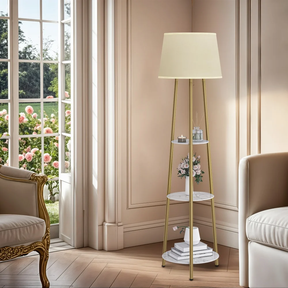 Modern Tripod Floor Lamp Free Standing Light Shade with Shelf Storage for Bedroom Living Room