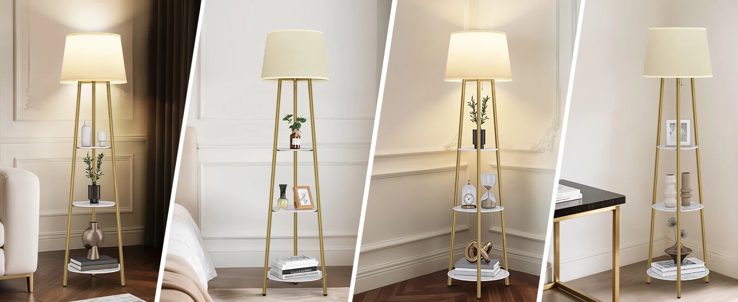 Modern Tripod Floor Lamp Free Standing Light Shade with Shelf Storage for Bedroom Living Room