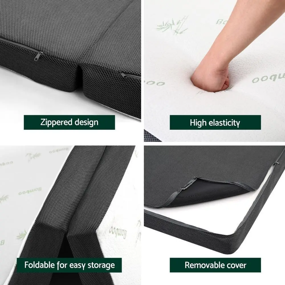 Foldable Foam Mattress Double Size Bamboo Cover Portable Sleeping Pad for Home Guest Room and Travel