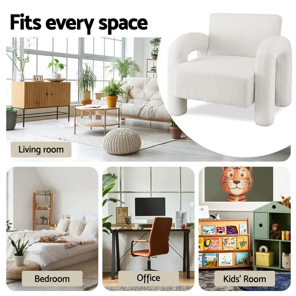 Modern Boucle Accent Armchair Curved Lounge Sofa White Plush Single Seat Living Room Chair