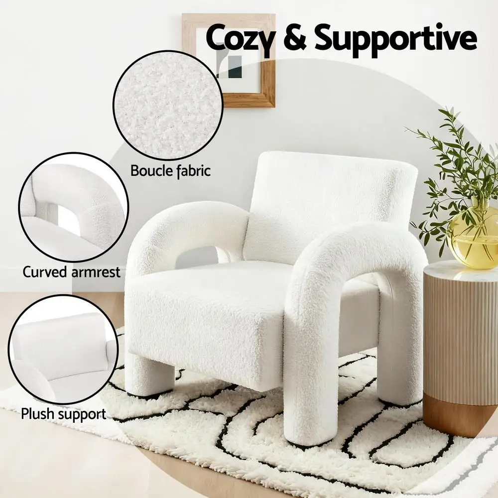 Modern Boucle Accent Armchair Curved Lounge Sofa White Plush Single Seat Living Room Chair