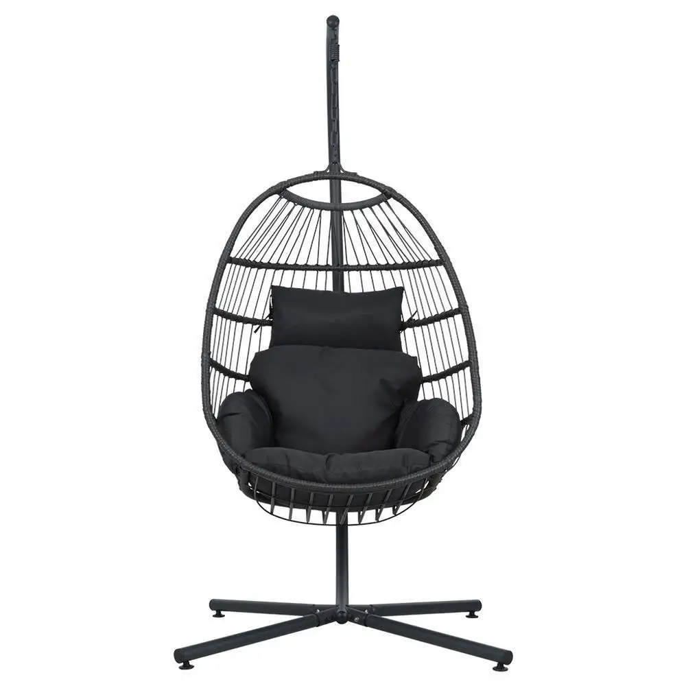 Outdoor Egg Swing Chair Hanging Wicker Rope Pod Stand Foldable Grey Patio Garden Lounge Seat